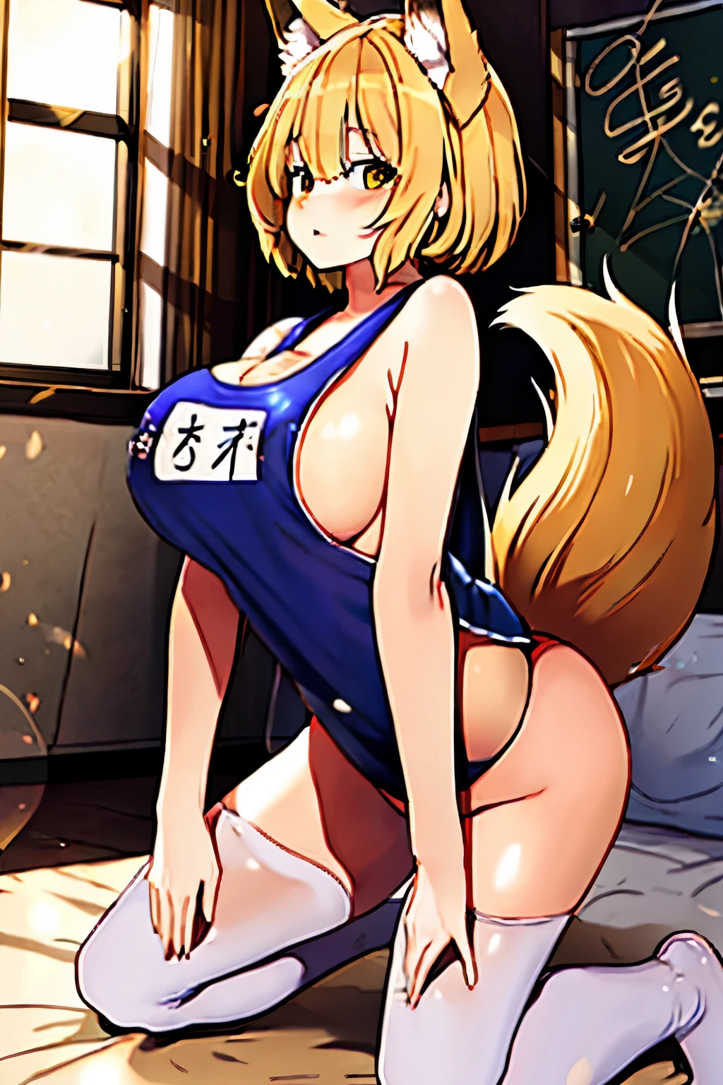 1girl, solo,yakumo ran, blonde hair,fox ears, fox tail, tabard, short hair, yellow eyes, multiple tails, bangs,anime, ((school swimsuit)),full body,bed room,(, sweaty, nipple ltraddling)