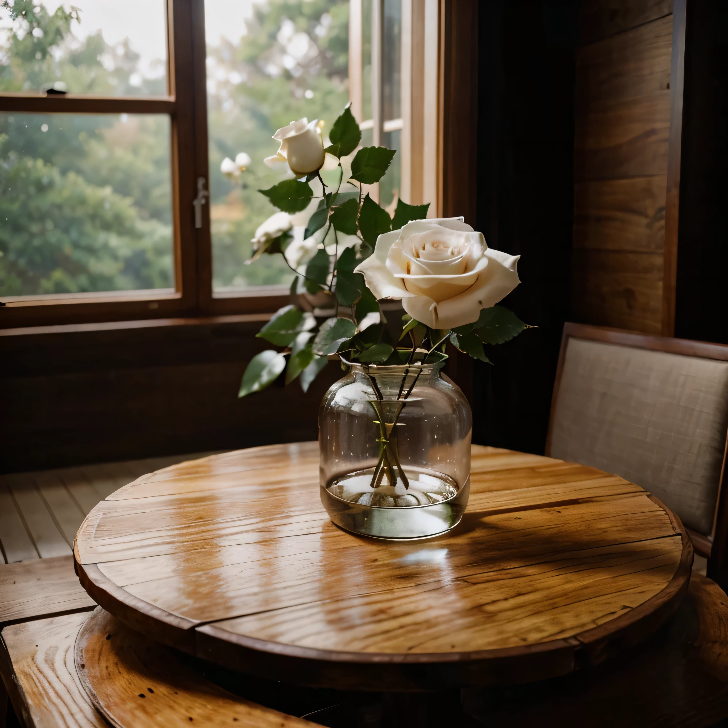 an object elegant perfect white rose in the wood table, cinematic