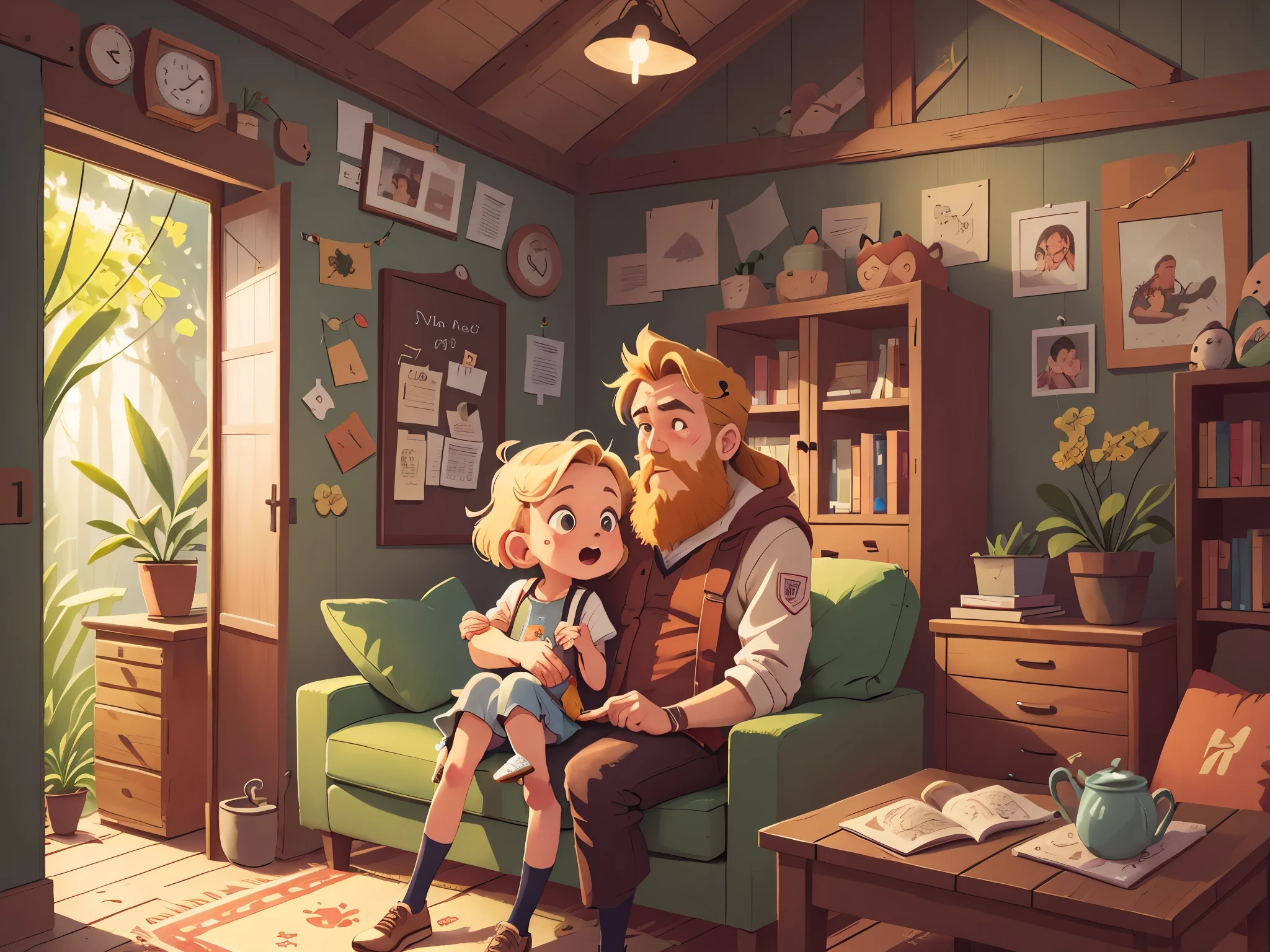 Medieval style, in a wooden house, living room, ((clear facial features)), ((blonde hair)), a bearded father holding his son sitting on the sofa, living room, balcony, carpet, watercolor, joy, sofa , carpet, interior, fairy tale picture book,