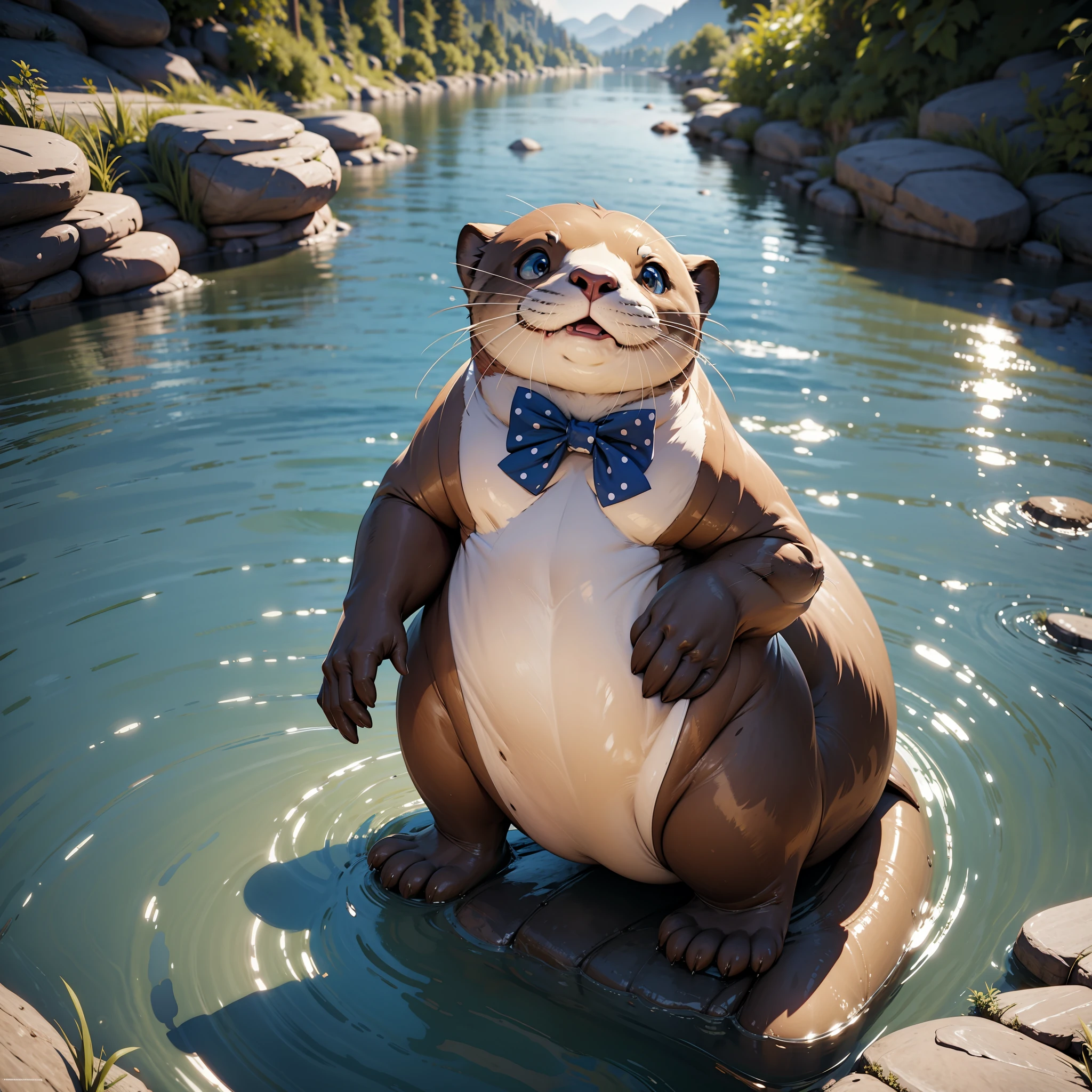 Pokemon like, deformed a Otter, polka dot blue bow tie, hand paw, river background, no humans, unreal engine 5, beautiful, Exquisite textures, aesthetic, 16K, greg rutkowski, highres, absurdres, masterpiece, best quality