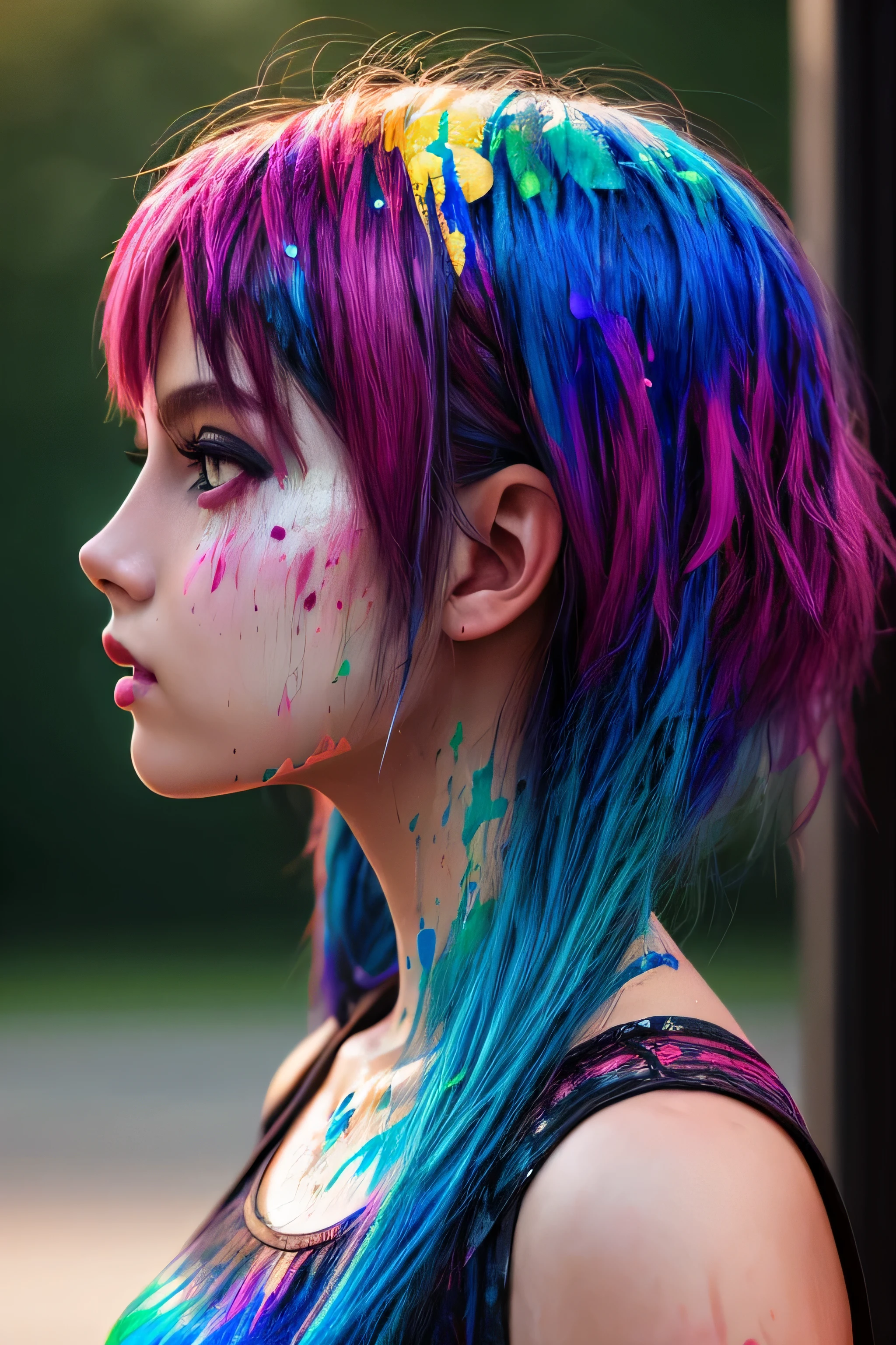 (level difference:1.8),(Paint collides and splatters on the canvas),(written boundary depth),1girl's profile blends into it,((profile)),open your mouth,(Liquid Paint Rainbow Hair:1.1) paint、defy gravity,thick stream,(Paint splatters:1.3),liquid state,amazingly beautiful, masterpiece, detailed background,Super high quality model, amazing background,abstract beauty, explosive volumetric, Oil,Heavy Stroke,romantic lighting,Scattered beneath the surface,lens 135mm,f1.8,shine,8K,High resolution, dream-like,ray tracing,HDR,god&#39;light,