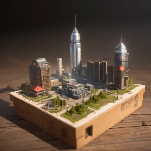 small realistic model, (bifurcation, original photo, best quality, masterpiece:1.4),SteampunkCyberpunk1916 City,(Cyberpunk light:1.3),on the desert,horizon (related to land),(in a small nature box:1.3),Isometric, small nature, landscape on foundation,landscape,Distant focus