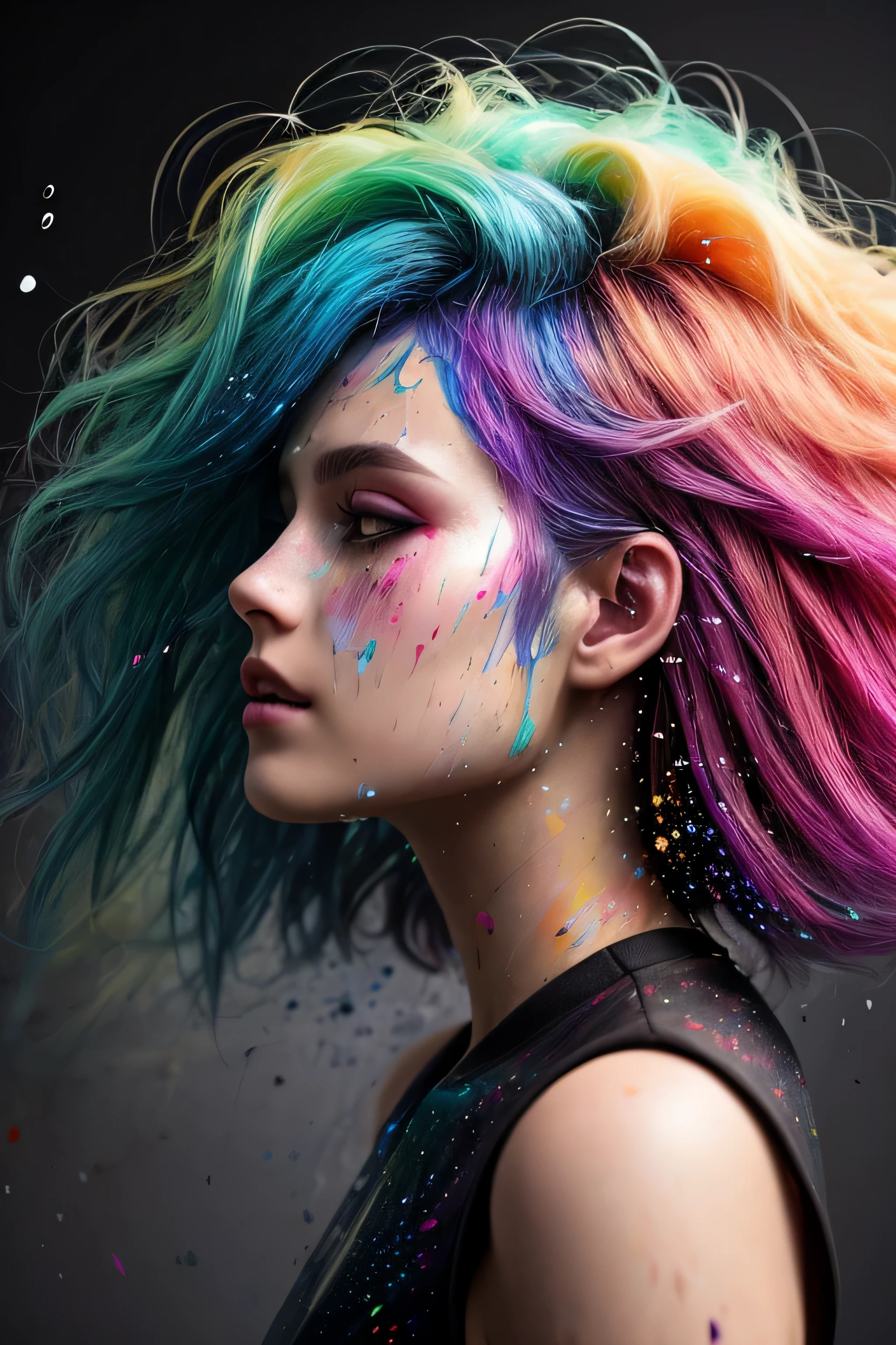 (level difference:1.8),(Paint collides and splatters on the canvas),(written boundary depth),1girl's profile blends into it,((profile)),open your mouth,(Liquid Paint Rainbow Hair:1.1) paint、defy gravity,thick stream,(Paint splatters:1.3),liquid state,amazingly beautiful, masterpiece, detailed background,Super high quality model, amazing background,abstract beauty, explosive volumetric, Oil,Heavy Stroke,romantic lighting,Scattered beneath the surface,lens 135mm,f1.8,shine,8K,High resolution, dream-like,ray tracing,HDR,god'light,