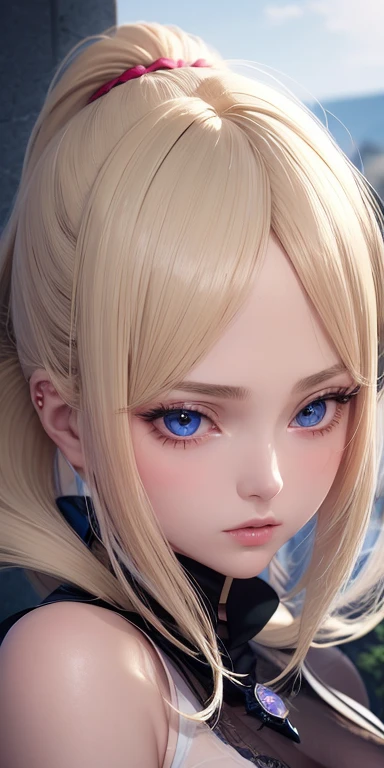 anime style、one person18Beautiful woman of age、Moisturizing and beautiful eyes、ciri、picture、androgynous hunnuman、oval jaw、delicate features、beautiful expression、beautiful blonde hair、long bangs、long ponytail、Blue eyes with a beautiful glow、LDS Art