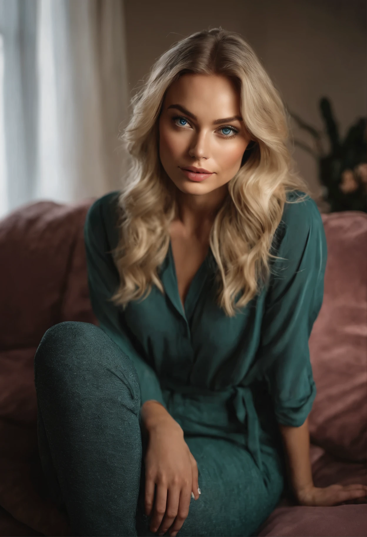 Arafed Frau voll , Sexy girl with blue eyes, Ultrarealistisch, Akribisch detailliert, Portrait of Sophie Mudd, blonde hair and big eyes, Selfie einer jungen Frau, Schlafzimmer Augen, Violet Myers, ohne Makeup, natural makeup, direkt in die Kamera schauen, Gesicht mit Artgram, dezentes Make-up, Stunning full body shot kneeling on the couch, im Wohnzimmer, medium to large bust, Cupsize 75c, face mixture with margot robbie, trying new clothes