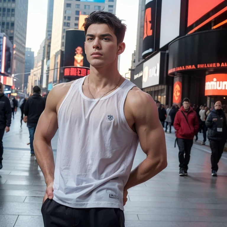 A mais alta qualidade, 8K, image high resolution, Detailed strokes, no meio de uma avenida movimentada estilo Times Square, inverno, apoiado em um dos postes, adolecente, lion men, wearing a tank top , masculo, chest a little tight in the shirt , (angulo de baixo), (angulo perto) , pernas definidas, defined arms, abdomen definido, com a camisa,