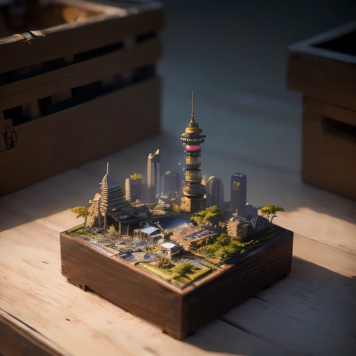 small realistic model, (bifurcation, original photo, best quality, masterpiece:1.4),Steampunk Cyberpunk 16 Years City,(Cyberpunk light:1.3),on the desert,horizon (related to land),(in a small nature box:1.3),Isometric, small nature, landscape on foundation,landscape,Distant focus