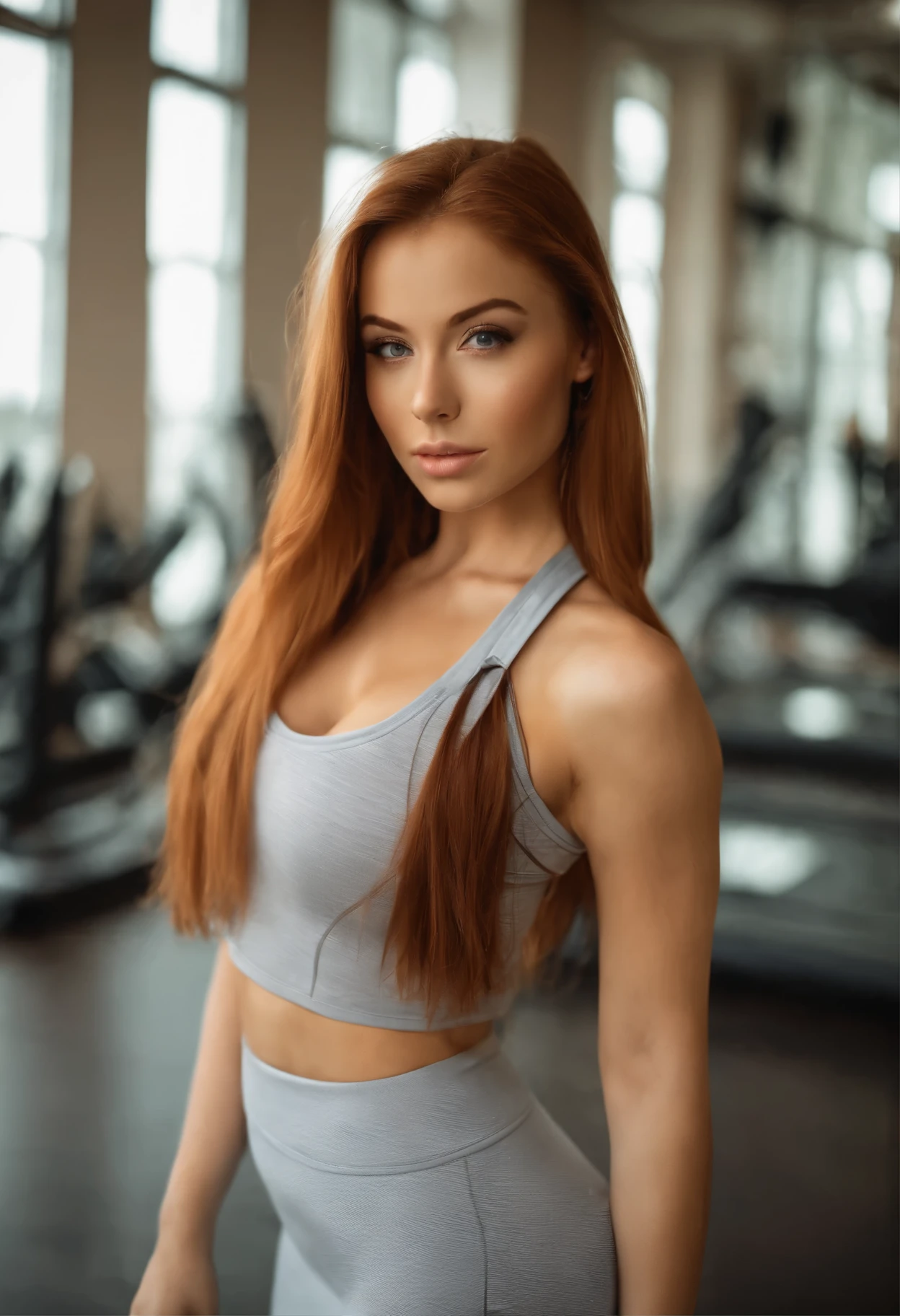 redhead posing in gym with matching tank top and skirt, Sexy fitness girl with blue eyes, big breasts portrait of Sophie Mudd, Best quality, 1 girl, Portrait of Corinna Kopf, blonde hair and big eyes, young woman selfie, Orn makeup, natural