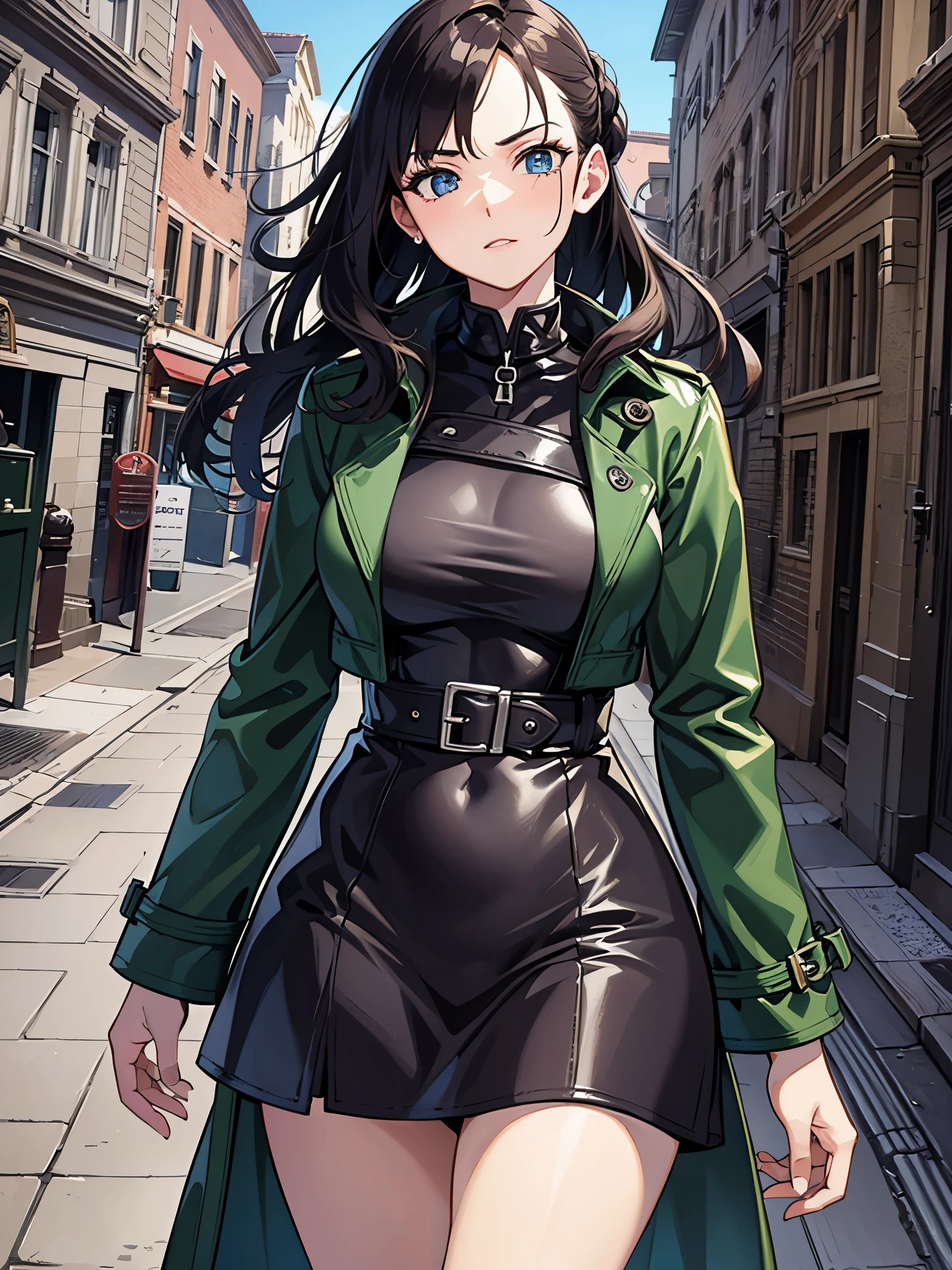 ((highest quality)),(ultra high resolution),(Super detailed),(detailed description),((best CG)),(best work of art),super precision art,great drawing art,(Works with precise details:1.5), (1 female model:1.6),(beautiful and well-shaped face:1.5),(trench coat:1.5),Laced boots:1.4,Leather gloves:1.5,(A serious look into the distance:1.4), Wind blowing through:1.6,