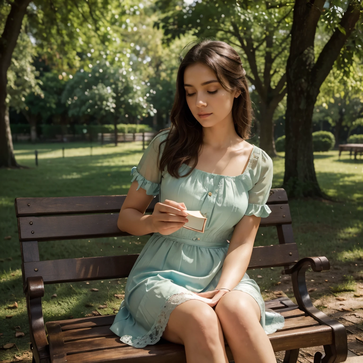 A cute girl sitting in a park, wearing a blue pastel dress with a corset, (best quality,4k,8k,highres,masterpiece:1.2), ultra-detailed, (realistic,photorealistic,photo-realistic:1.37) artwork, with vibrant colors, capturing the essence of a peaceful day. The girl has beautiful detailed eyes, lips, and face, with long eyelashes. The sunlight gently illuminates her face, giving it a warm and soft glow. The park is filled with lush green trees and colorful flowers, creating a lively and serene atmosphere. The girl is sitting on a wooden bench, surrounded by a picturesque landscape. The dress she's wearing has intricate lace detailing, adding a touch of elegance to her appearance. She is holding a book in her hands, deep in thought, completely immersed in her own world. In the background, there is a gentle breeze blowing, rustling the leaves and creating a sense of tranquility. The overall scene is captured in a painterly style, reminiscent of a beautiful portrait that evokes a sense of nostalgia. The colors are soft and dreamlike, with a slightly desaturated tone, enhancing the ethereal atmosphere of the artwork. The lighting is soft and diffused, casting gentle shadows and creating a sense of depth and dimension. The artwork has a realistic yet dreamy quality, inviting the viewer to immerse themselves in the peaceful and serene world of the girl in the park.