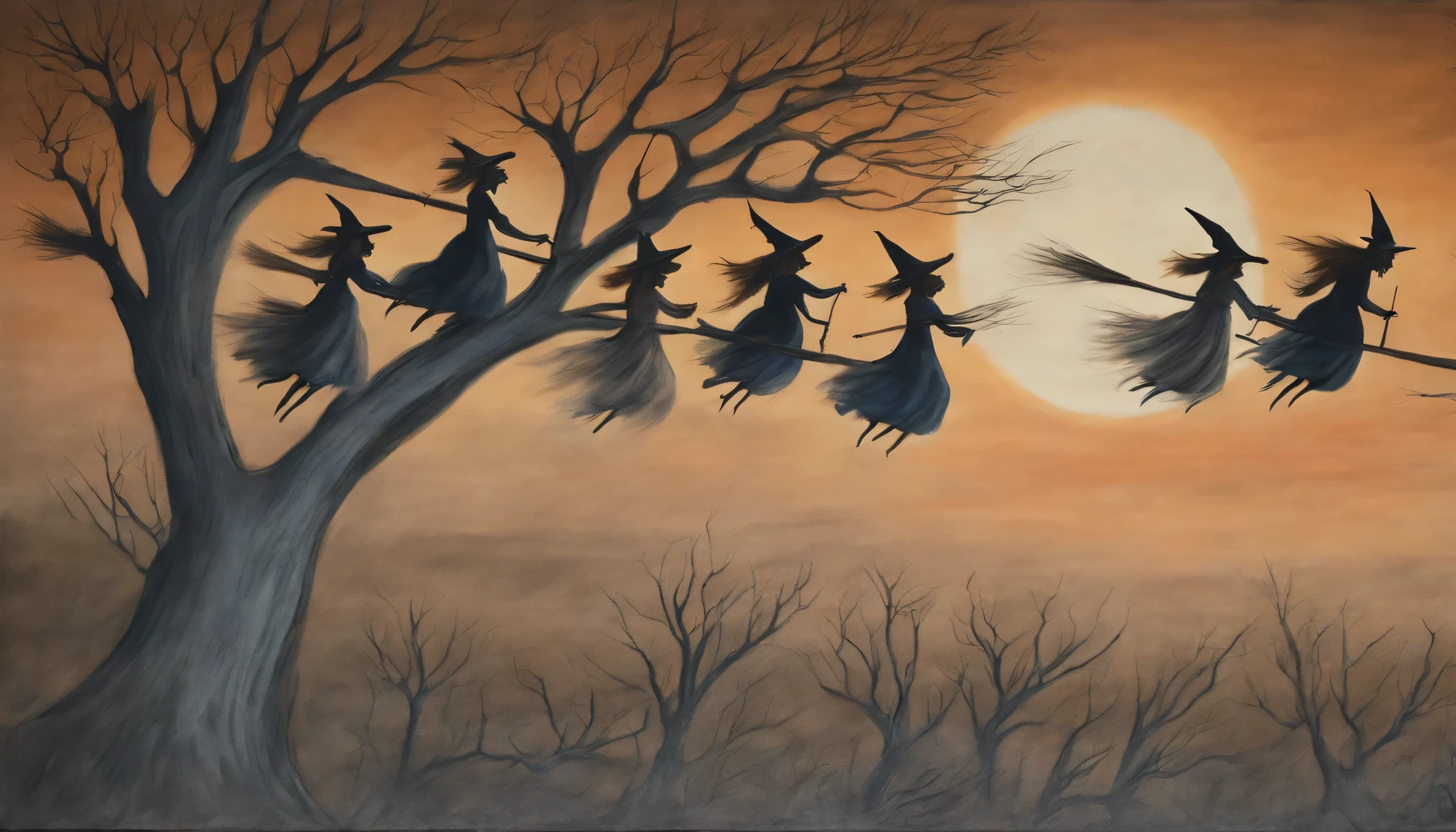 Pastel painting on rough paper., witch dance, flying on brooms, 5 witches riding on brooms fly around a scary dry tree, Moonlight night, all witches ride on brooms, fly around a dry tree