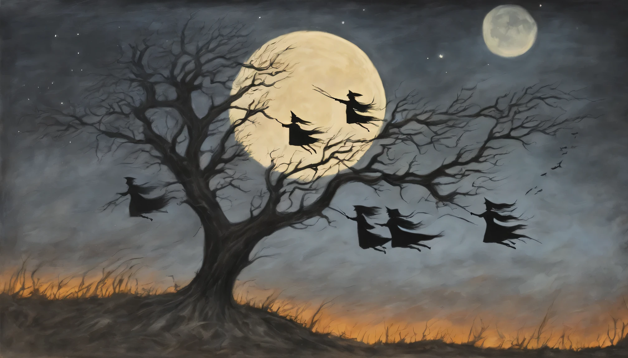 Pastel painting on rough paper., witch dance, flying on brooms, 5 witches riding on brooms fly around a scary dry tree, Moonlight night, all witches ride on brooms, fly around a dry tree