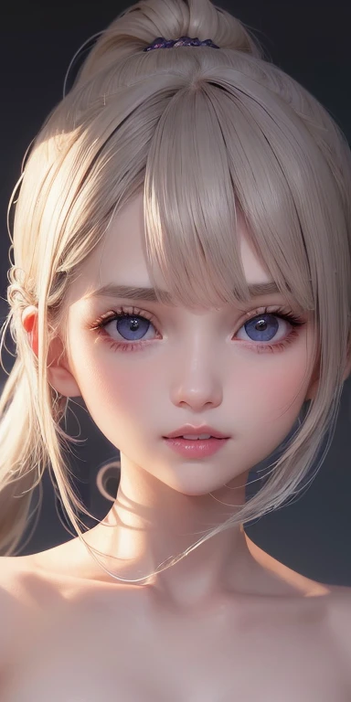 anime style、one person１８Beautiful woman of age、Moisturizing and beautiful eyes、ciri、picture、androgynous hunnuman、oval jaw、delicate features、beautiful expression、beautiful blonde hair、long bangs、long ponytail、Blue eyes with a beautiful glow、LDS Art,Fashion model 25 years old、[[[[Close-up]]]]、[[[[chest]]]]、[[[[head]]]]、[[[[shoulder]]]]、perfect eyes、Perfect iris、perfect lips、perfect teeth、perfect skin、soft front light、glow、HDR、(calm color 1.2)