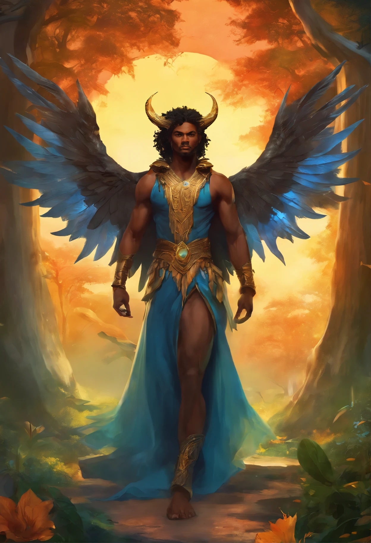 Black Demon Beautiful Male Black Man with Blue and Orange Details, Large Wings, Forest in the Background, Vibrant Colors, Full Body, Detailed Face, Detailed Hands, Detailed Legs, Detailed Fingers, Detailed Hair, Detailed Eyes, Detailed Skin, Lush Vegetation Blurred Background, Vibrant Colors, Lush Light, Soft Light, Sunset Light, Smooth Light, Symmetrical, Full Body, Reflections, HDR Dynamic Lighting, 8K Resolution,  cinematic film, smooth, sharp focus, realistic, strobe light beams, ((blurred background)):1.7, (((depth of field)) ):1.8, cinestill 800t 35mm, high quality, heavy grain, high detail, cinematic composition, dramatic light, anamorphic, ultra wide lens, hyperrealistic