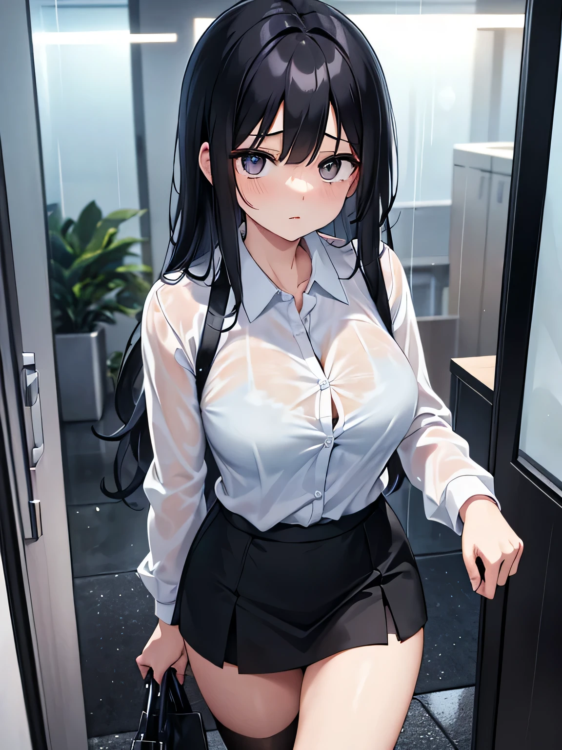 (1) A woman is walking in the rain, My cut shirt is wet and my light blue bra is visible..
(2) The woman is wearing a white cutter shirt, black skirt and black high socks.
(3) that woman has long black hair.
(4) The woman looks worried.
(5) The location is outdoors in an office district at night..