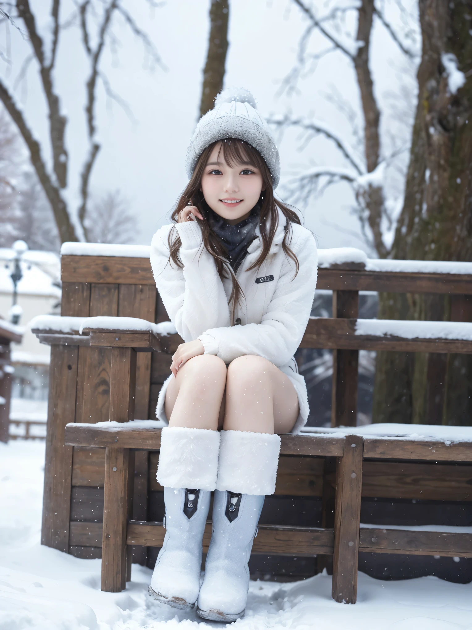 The cutest girl who works as a gravure idol is in the snow、with shiny brown hair、She is wearing a down jacket, a tight white miniskirt, black pantyhose, and long white boots, making her look captivating.。She smiled confidently.、Facing the camera in a professional pose。her fashion and expressions、A perfect balance between cuteness and elegance、It draws the viewer in and doesn&#39;t let go.。Through this scene、Express her charm to the fullest