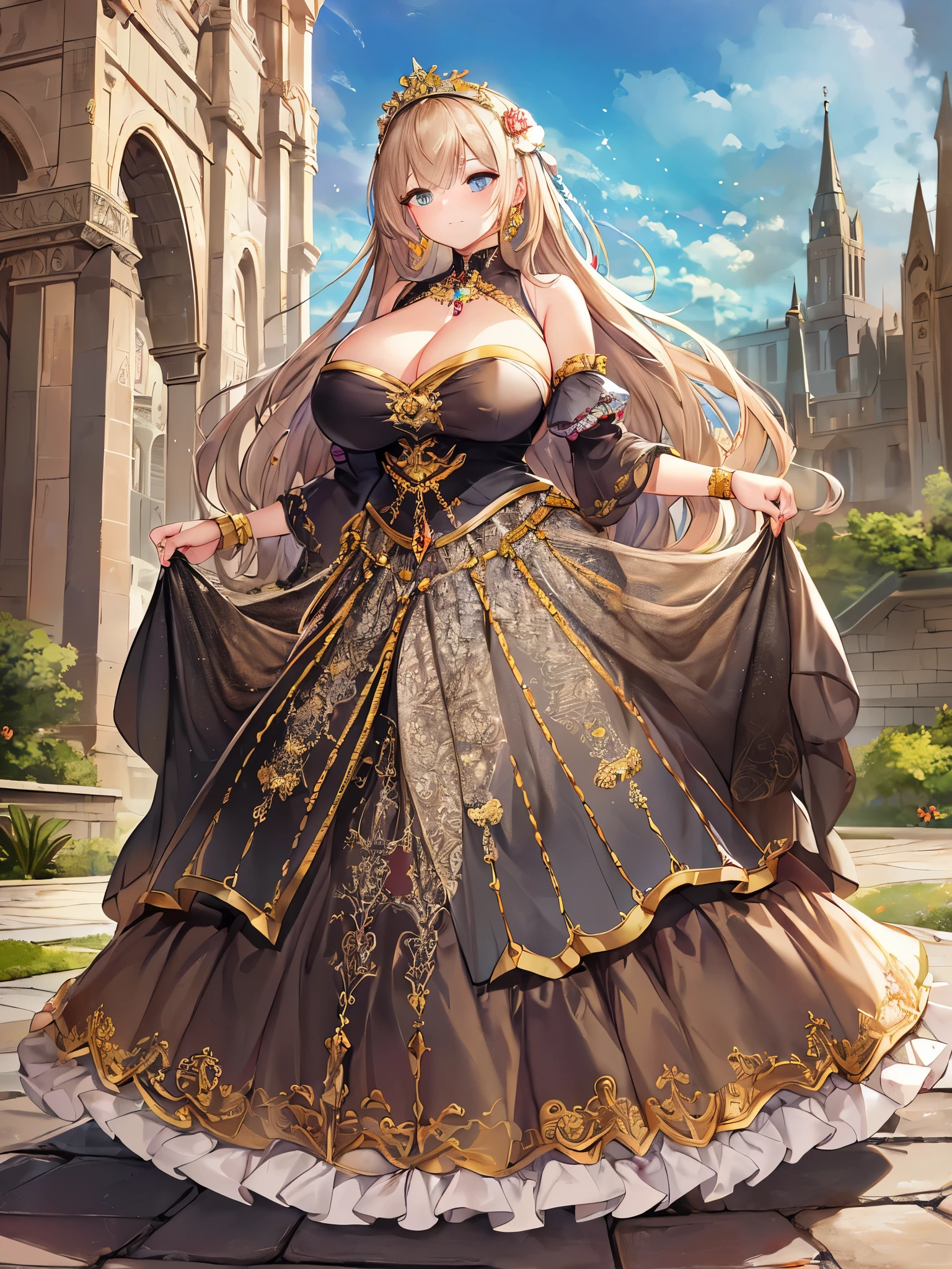 anime artstyle,Masterpiece,Best Quality,Super Detail,((Very Delicate and Beautiful)),(((1 plump princess in beautiful embroidery and jeweled gorgeous rococo ballgown with voluminous hoop skirt))),crinoline skirt,((Solo)),((stand in front of the kingdom's castle,outdoor,sky)),((full body)),(((very gigantic breasts,very gigantic breasts,sagging breasts,skindentation))),cleavage,detailed face and eyes,jewel-like eyes,((extremely voluminous straight Hair,Extremely Long Straight Hair)),((gorgeousfull embroidery and lace,beautiful embroidery and jeweled)),Gorgeous Gemstone Jewelry,gorgeous corsage,((gorgeous hair ornament,glitter jeweled gorgeous big tiara)),((full body)),((beautiful embroidery and jeweled gorgeous rococo ballgown with voluminous hoop skirt)),crinoline skirt,(crinoline),((stand in front of the kingdom's castle,outdoor,sky)),Looking at viewer,dynamic angle,(((beautiful embroidery and jeweled gorgeous rococo ballgown with voluminous hoop skirt))),crinoline skirt,full body,