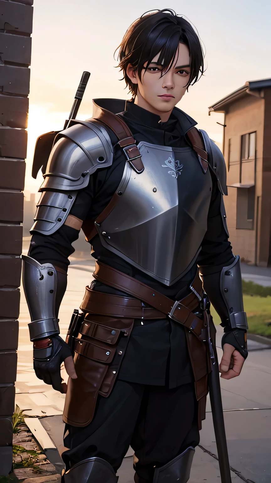 (best quality,4K,8k,high resolution,masterpiece:1.2),Super detailed,(actual,photoactual,photo-actual:1.37),man,warrior,(Brown leather armor),black hair,short hair,(golden eyes),Wearing a backpack,holding a spear, permanent