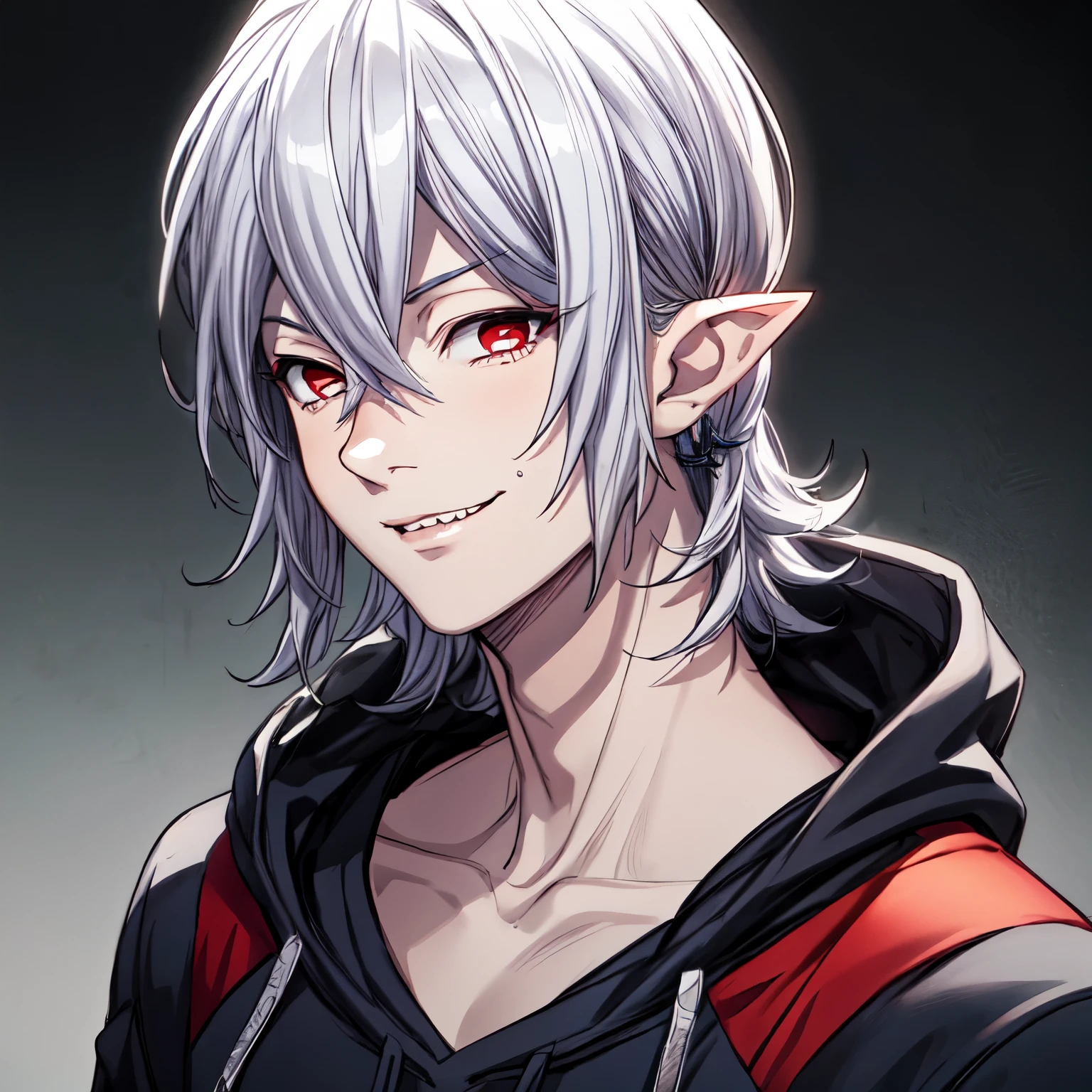 masterpiece, best quality, high quality, 1boy, solo, male focus, looking at viewer, half body, mihai_florescu, red eyes, silver hair,  pointy ears, realistic, hoodie, smirk