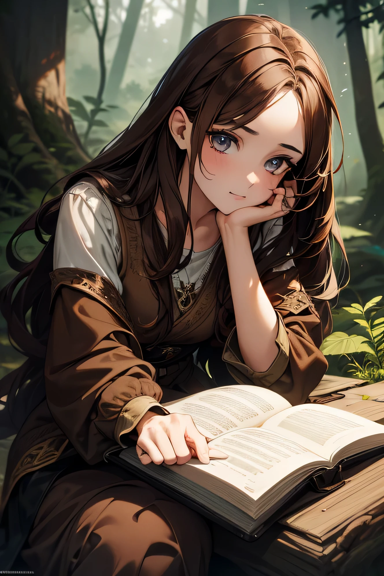 Beautiful girl with brown hair.HE SITS ON A STUM IN THE FOREST.reads a book. a lot of details, Hyper detail,Styling,8K,Hyper detail.Close-up