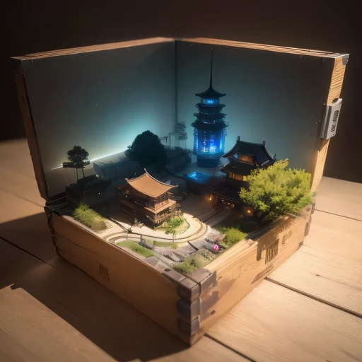 small realistic model, (bifurcation, original photo, best quality, masterpiece:1.4),Steampunk Cyberpunk 5916 City,(Cyberpunk light:1.3),on the desert,horizon (related to land),(in a small nature box:1.3),Isometric, small nature, landscape on foundation,landscape,Distant focus