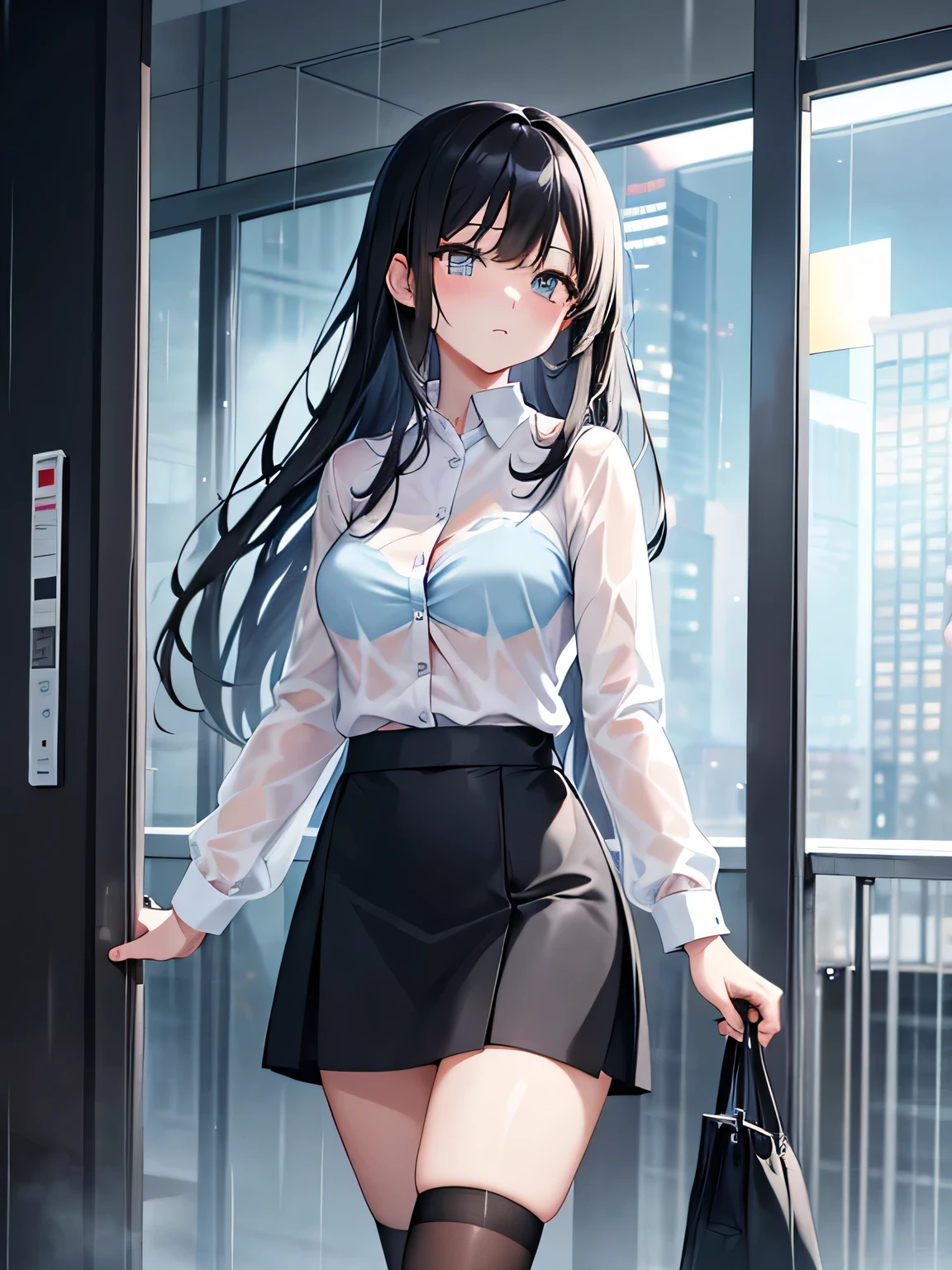 (1) A woman is walking in the rain, My cut shirt is wet and my light blue bra is visible..
(2) The woman is wearing a white cutter shirt, black skirt and black high socks.
(3) that woman has long black hair.
(4) The woman looks worried.
(5) The location is outdoors in an office district at night..