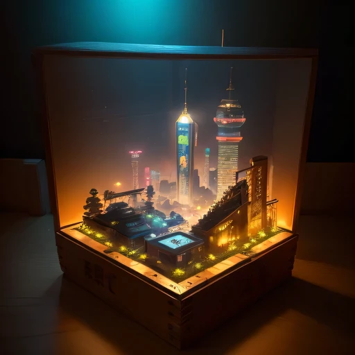 small realistic model, (bifurcation, original photo, best quality, masterpiece:1.4),Steampunk Cyberpunk 5916 City,(Cyberpunk light:1.3),on the desert,horizon (related to land),(in a small nature box:1.3),Isometric, small nature, landscape on foundation,landscape,Distant focus