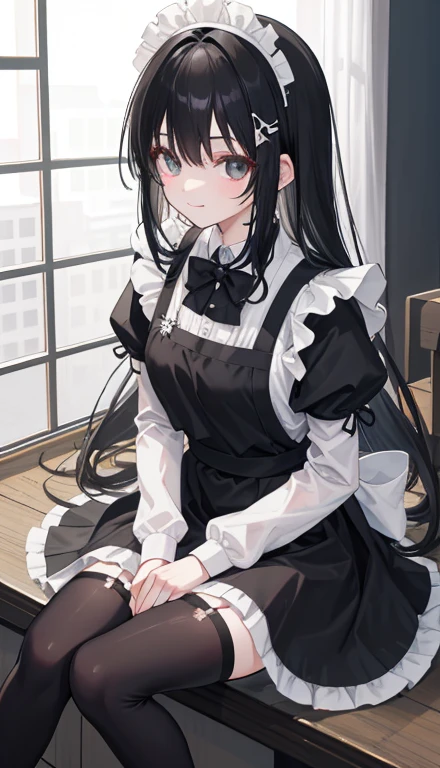 black haired girl in、AS-Adult、a smile、shirt、skirt made of、（Knee socks）、long black hair、Dores、apron、Hair decoration、（maid outfit）、、whole body、move、