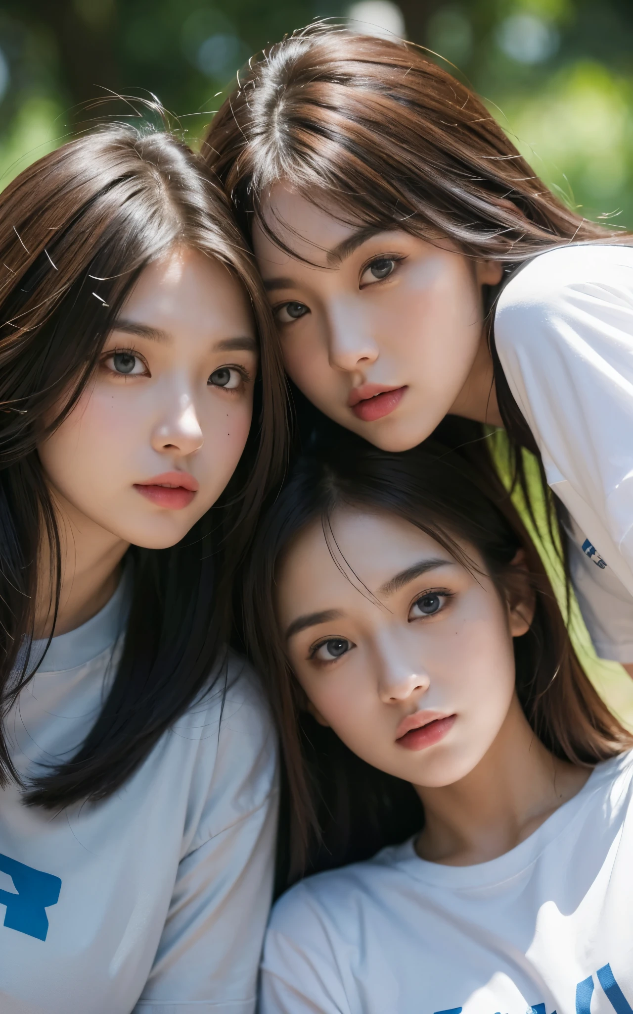 (masterpiece, best quality, 8k, sharp focus, depth of field, best shadows, perfect lights, HDR, realistic skin texture, hyper detailed background), realistic two girl friends taking a picture fron front angle one has brown hair, another that dark blue, wearing grey and white t-shirts with letters in it. Both looking at the camera looking chick
