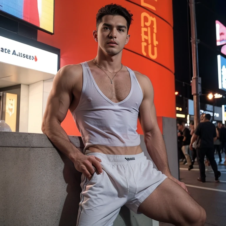 A mais alta qualidade, 8K, image high resolution, Detailed strokes, no meio de uma avenida movimentada estilo Times Square, inverno, apoiado em um dos postes, adolecente, lion men, wearing a tank top , masculo, chest a little tight in the shirt , (angulo de baixo), (angulo perto) , pernas definidas, defined arms, abdomen definido, com a camisa, full length shot , wearing string thong