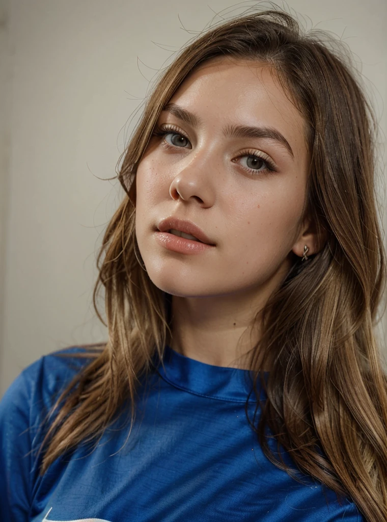 a close up of a woman with long hair wearing a blue shirt, brunette with dyed blonde hair, 🤤 girl portrait, , high quality portrait, 17-year-old rl,dshotofile picture