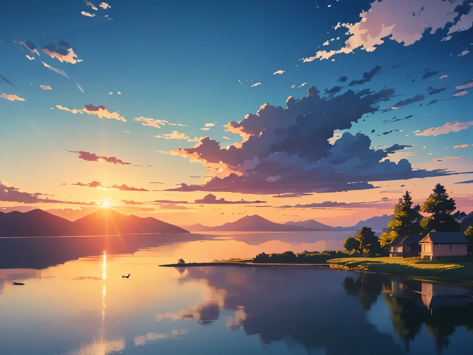 Anime style - Cartoon --a wide, serene shot of the sunrise over a tranquil, peaceful landscape. The birds sing, the trees sway gently in the wind and the camera slowly pans, revealing a small town by the sea. -- maxima qualidade -- full HD