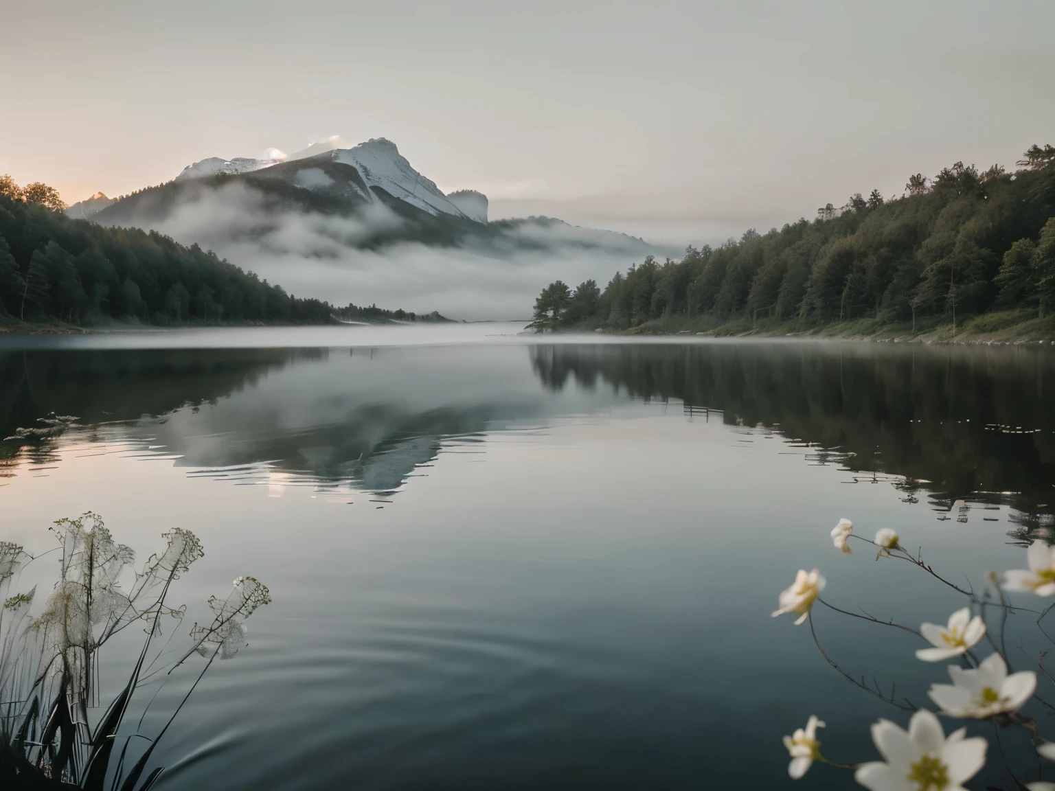 A raw photo of a mysteriously aesthetic scene at a serene lake during the misty dawn of a beautiful morning. The double exposure effect adds to the ethereal aesthetics, capturing the essence of minimalism. The high-quality HD image showcases the raw beauty of nature, with white flowers scattered around, creating a sense of tranquility and allure. The old photo effect enhances the vintage aesthetics, adding a touch of nostalgia to the mesmerizing composition.