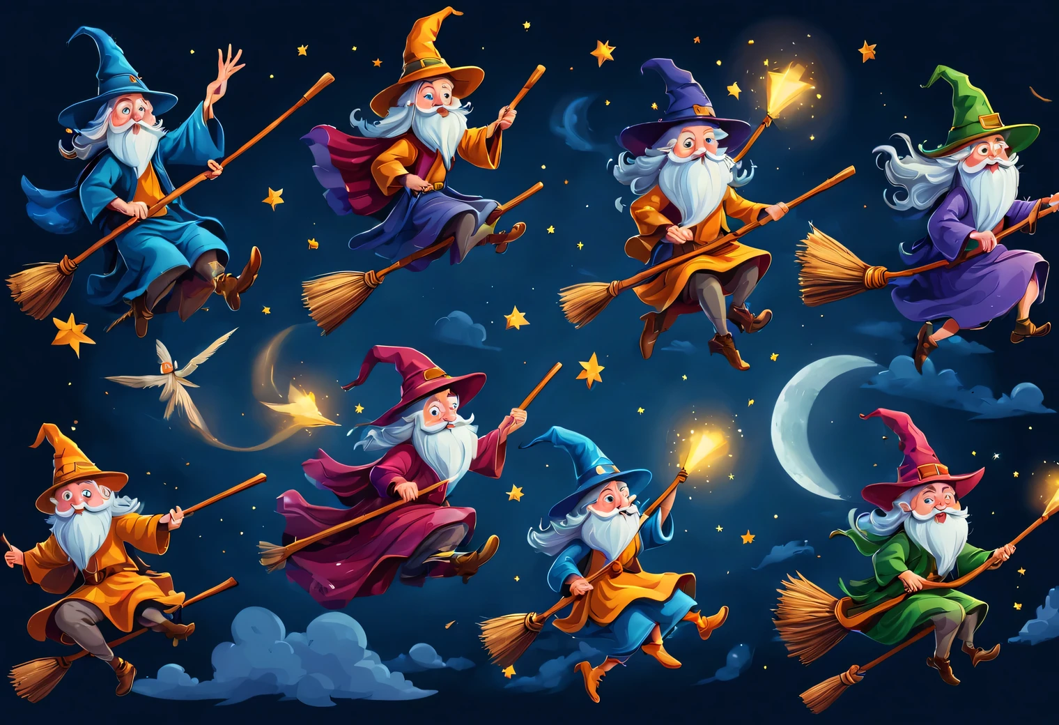 Various wizards on a broom, Flying on a broom, broom riders, Broomstick riding, fairy-tale characters Flying on a broom, cowboy wizards broom riding, fly on brooms, sitting on brooms, broom riding, fairy tale wizards and characters, cartoon, illustration