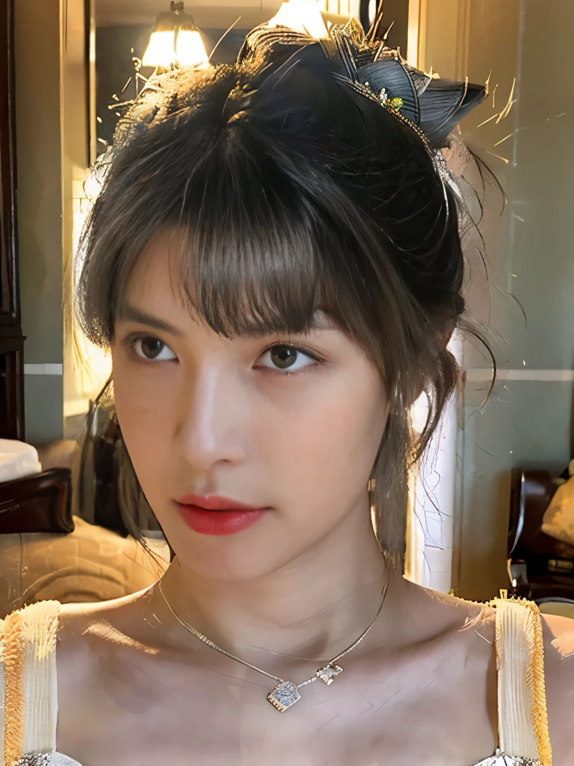 best qualtiy, 超高分辨率, (realisticlying:1.4), one-girl, A pair of clear and moving peach blossom eyes,Royal sister,a sense of atmosphere,(Faded gray-gray hair:1),:1.3), looking at viewert, closeup cleavage ,off shoulder top, hyper realistic