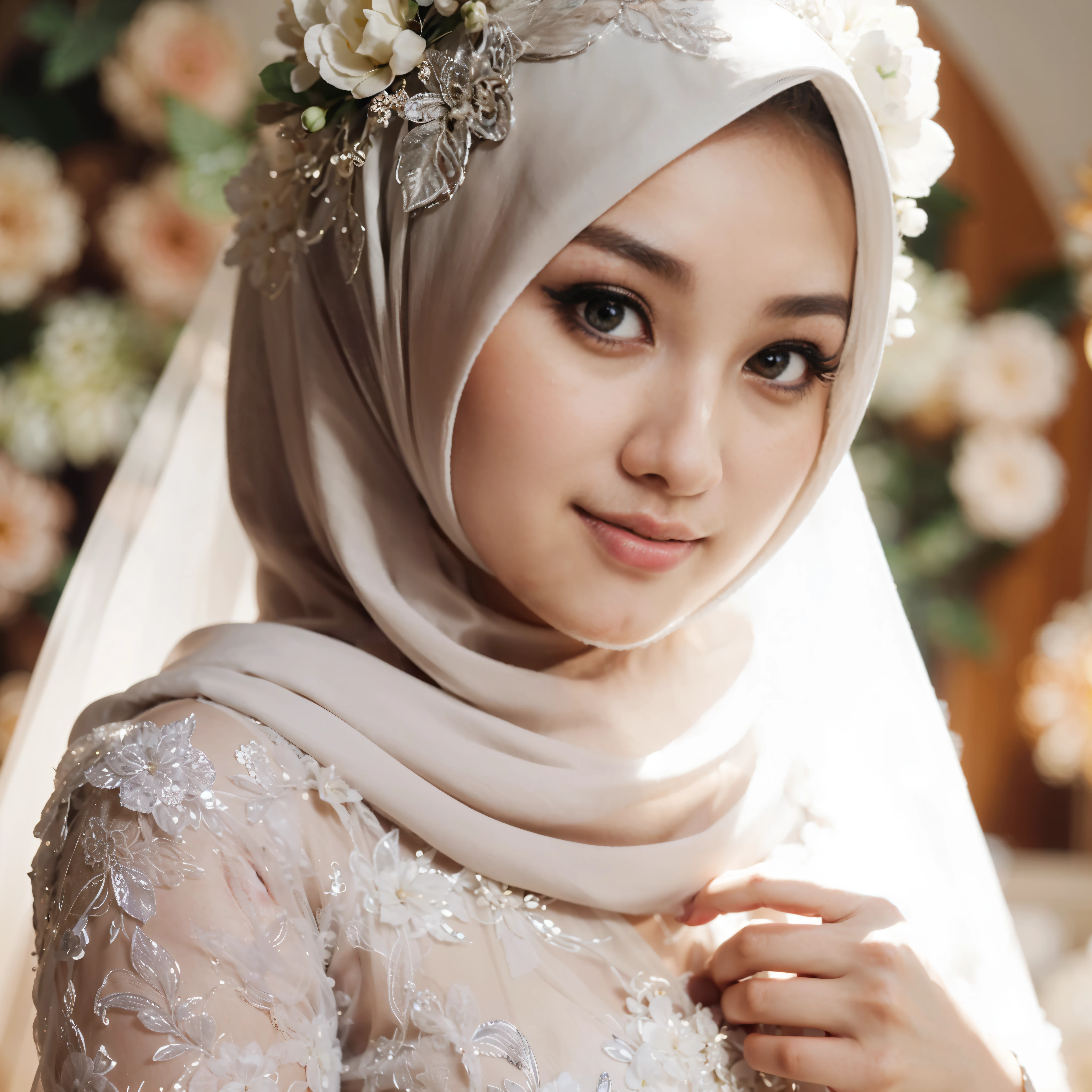 a close up of a woman wearing a veil and a flower headpiece, white hijab, hijab, bride, beautiful girl model, lovely woman, cute woman, milky white skin, beautiful asian girl, asian beautiful face, feminine beautiful face, traditional beauty, wonderful, very beautiful girl, beautiful oriental woman, high quality portrait, beautiful portrait image, beautiful south korean woman