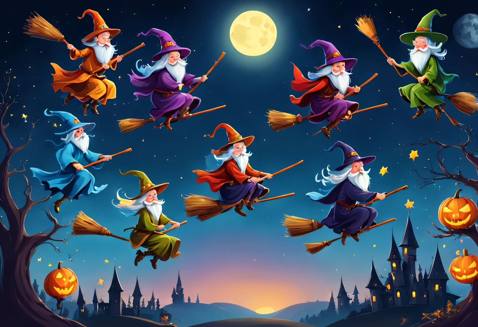 Various wizards on a broom, Flying on a broom, broom riders, Broomstick riding, fairy-tale characters Flying on a broom, cowboy wizards broom riding, fly on brooms, sitting on brooms, broom riding, fairy tale wizards and characters, cartoon, illustration