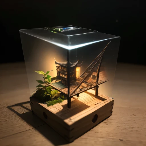 small realistic model, (bifurcation, original photo, best quality, masterpiece:1.4),Steampunk Cyberpunk 3916 City,(Cyberpunk light:1.3),on the desert,horizon (related to land),(in a small nature box:1.3),Isometric, small nature, landscape on foundation,landscape,Distant focus