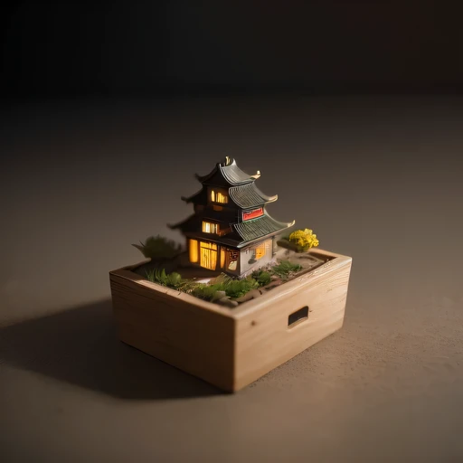 small realistic model, (bifurcation, original photo, best quality, masterpiece:1.4),Steampunk Cyberpunk 3916 City,(Cyberpunk light:1.3),on the desert,horizon (related to land),(in a small nature box:1.3),Isometric, small nature, landscape on foundation,landscape,Distant focus