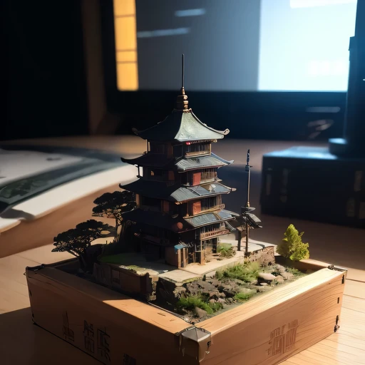 small realistic model, (bifurcation, original photo, best quality, masterpiece:1.4),Steampunk Cyberpunk 3916 City,(Cyberpunk light:1.3),on the desert,horizon (related to land),(in a small nature box:1.3),Isometric, small nature, landscape on foundation,landscape,Distant focus
