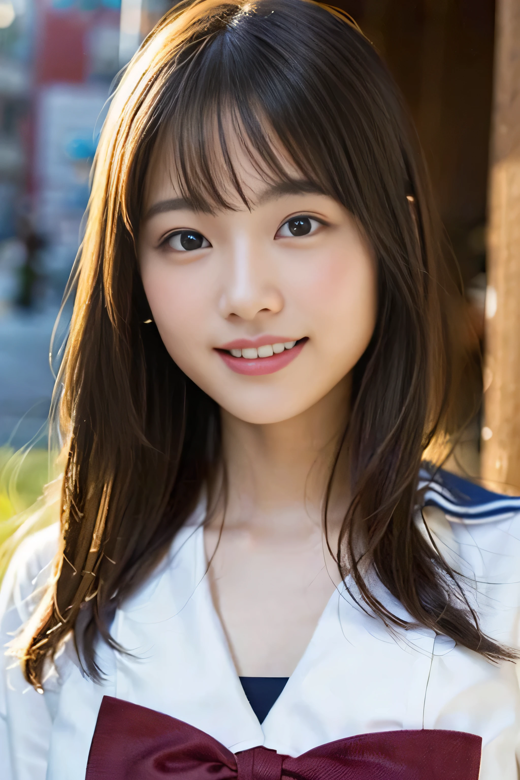 (8K、RAW photo、highest quality、masterpiece:1.2)、(realistic、Photoreal:1.37)、Super detailed、ultra high resolution、1 girl、see the beholder、beautiful and detailed face、laughter、narrow、(slim waist) :1.3)、beautiful and smooth skin、skin texture、floating hair、professional lighting、as a whole human body、long hair、blonde、Japanese high school uniform、sailor suit、admission、、bob hair、E cup、smile、、red ribbon、baby face、chile、no makoisturizing lips、pale pink lips、Museum background