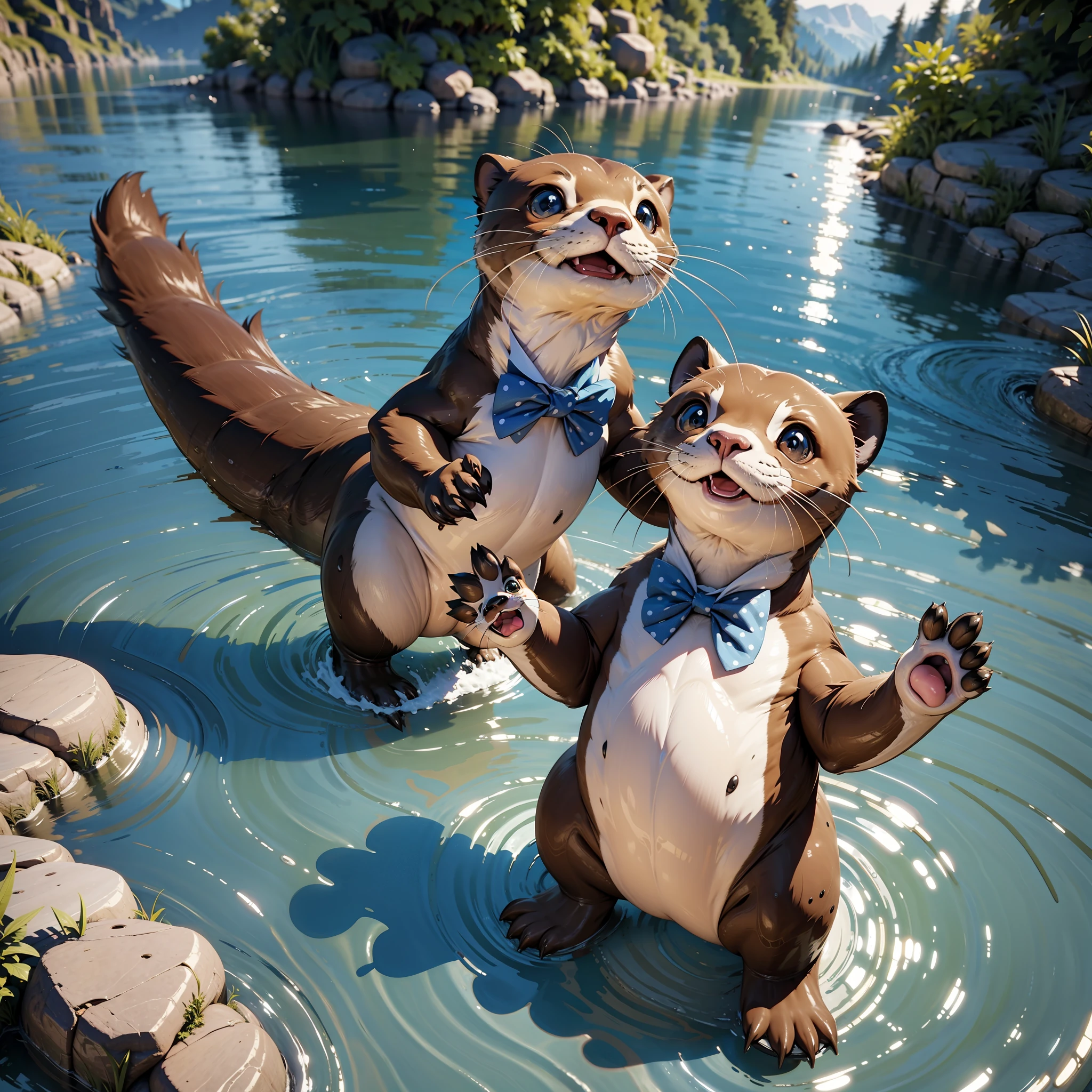 Pokemon like, deformed a Otter, polka dot blue bow tie, hand paw, river background, no humans, unreal engine 5, beautiful, Exquisite textures, aesthetic, 16K, greg rutkowski, highres, absurdres, masterpiece, best quality