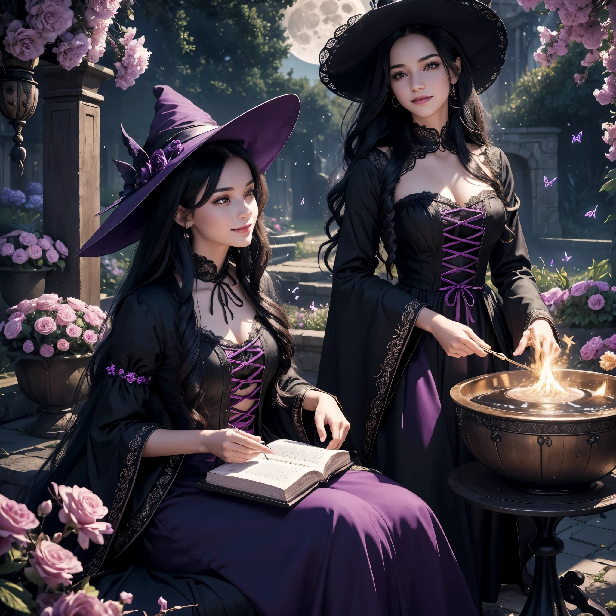 (best quality,4k,8k,highres,masterpiece:1.2),ultra-detailed,(realistic,photorealistic,photo-realistic:1.37), a teenage boy joins a witch coven and he’s given the gift of femininity, he gets magically transformed into a cute teenage witch girl, sex change ritual, pink eyes, long black hair, is happy, stunning black Victorian dress, gorgeous dress design,flowing gown,elaborate lace details,rich textures,contrast stitching,delicate ribbon bows,floral accents,full skirt,high neckline,long sleeves,fitted waistline,flared cuffs,lace-up back,luxurious fabrics,flawless silhouette,high heels,pointy hat, magical transformation, detailed facial features, glowing and vibrant pink eyes, flowing and glossy long black hair, happy and excited expression, joyful and radiant vibe, surrounded by a mystical aura, spell books and potions in the background, an enchanting garden with colorful flowers, butterflies flying around, moonlit night with a full moon shining above, soft and ethereal lighting, a group of friendly witches welcoming the new girl into the coven, joyful celebration and magical rituals, feminine and elegant movements, a cauldron overflowing with sparkles and magical essence, black and purple hues dominating the color palette, whimsical and enchanting atmosphere, breathtaking and bewitching nature, a sense of empowerment and self-discovery.