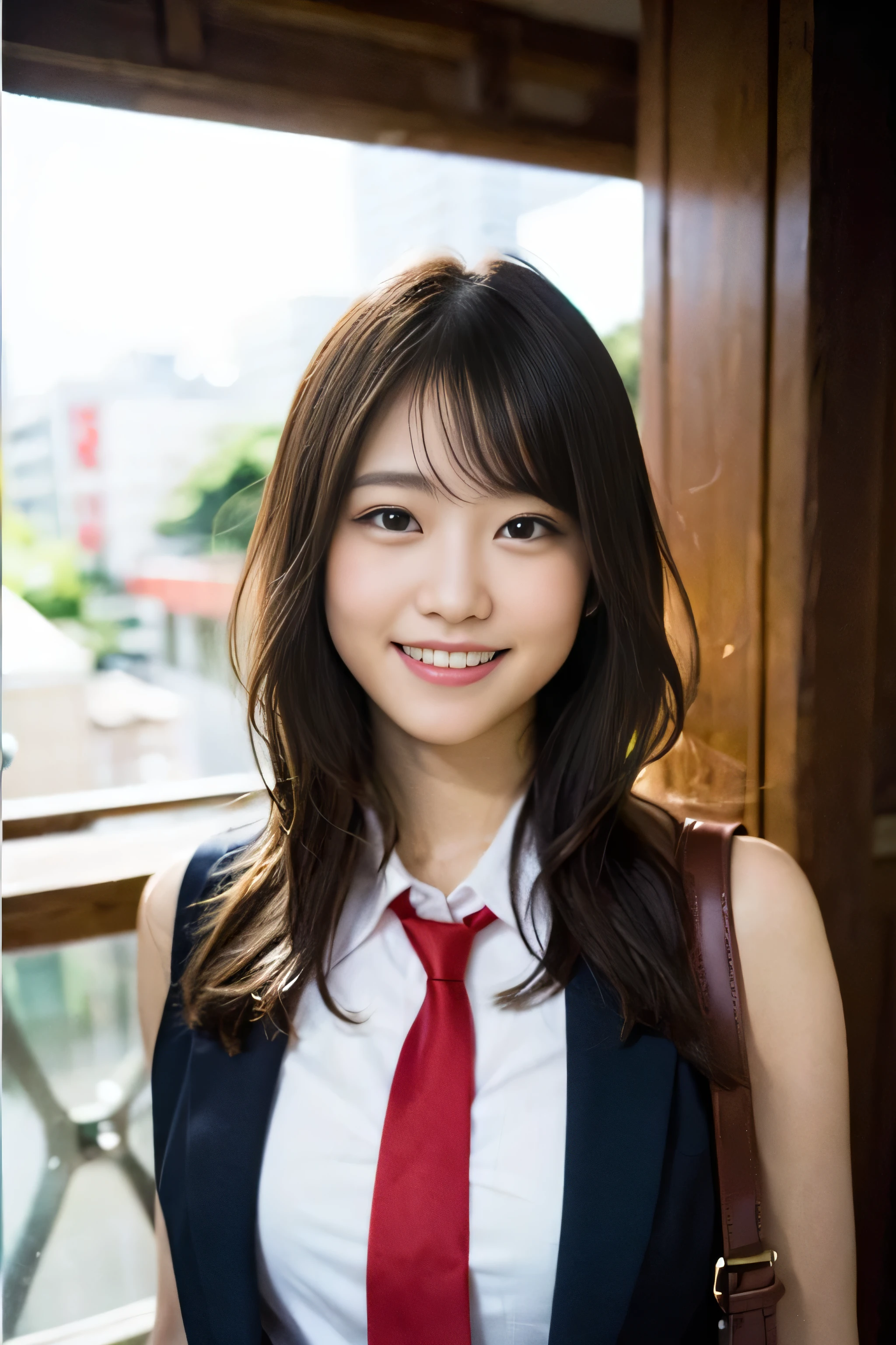 (8K、RAW photo、best image quality、masterpiece:1.2)、(genuine、フォトgenuine:1.37)、Super detailed、ultra high resolution、girl、1 person、Eyes that see the beholder、Beautiful face in every detail、smile、narrow、 (slim waist) :1.3)、thick and beautiful skin、skin texture、flowing hair、professional writing、as a whole human body、long hair、blonde、high school girlの制服、high school girl、school zone、Tokyo、cityscape、red tie、bob hair、happy smile、baby face smile、no makeup、、a little chubby、E cup breasts、