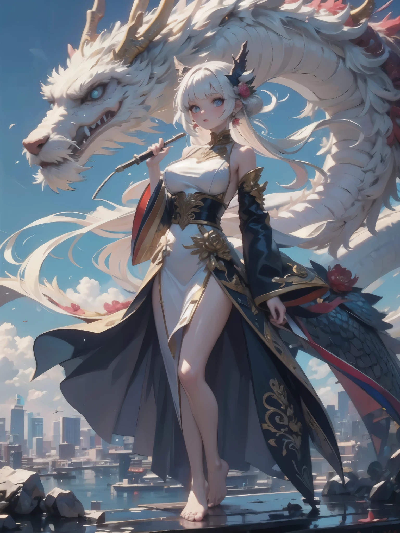 Dragon and girl,1girl,umbrella,holding umbrella,breasts,holding,long hair,barefoot,solo,bare shoulders,white hair,monster,oil-paper umbrella,glowing,floating,long sleeves,large breasts,dress,looking at viewer,bangs,wide sleeves,white dress,
