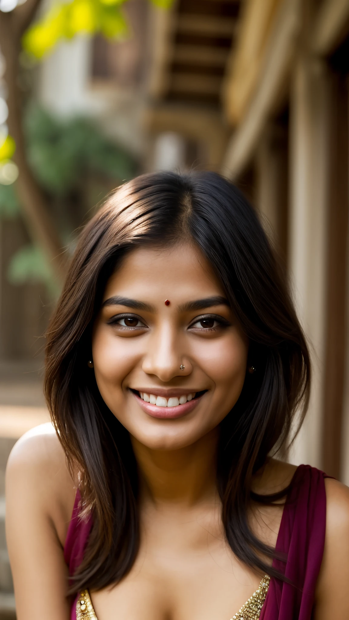 (one-1-person:1.2), beautiful indian lady, brown. Complexion. Black hair, big smile, dark makeup, hyperdetailed photography, soft light, head and shoulders portrait, cover, bug bosom