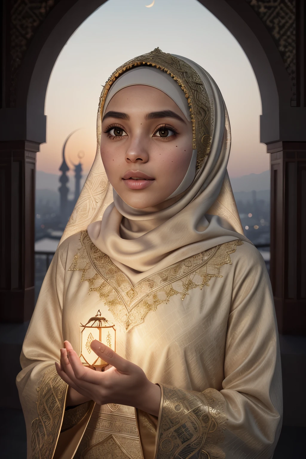 (s2, Canva style, illuminated Ramadan scene, cute hijab Muslim woman, praying hands raised to the sky, glowing illuminated lantern, intricate Ramadan crescent, beige background, sophisticated texture, ultra-detailed, cinematic lighting, warm tones, intimate and peaceful, RAW image, masterpiece, best quality, ultra high resolution)

The enchanting scene showcases a cute Muslim woman, clad in a hijab, as she raises her hands to the sky in the heartfelt act of prayer. The backdrop is adorned with an intricately detailed illuminated lantern and the crescent moon of Ram