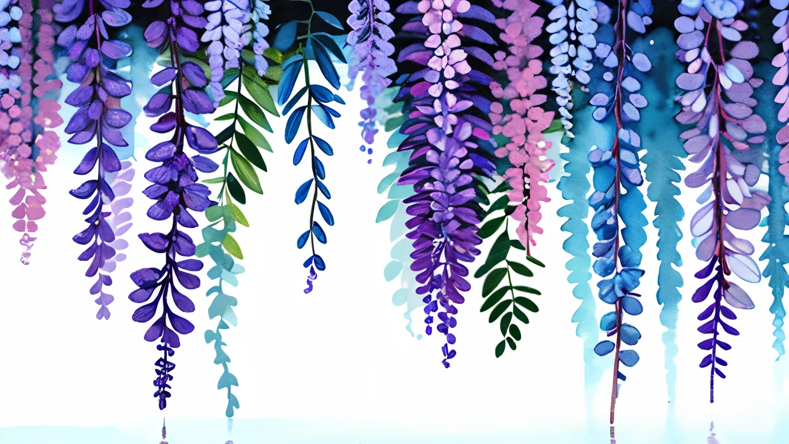 ((masutepiece)), (abstract art:1.5), (High Definition), Best Quality, (watercolor painting:1.3), (pale blue), wide shot, (cold atmosphere), raindrops, drop of water, (Rainning), (simple white background:1.7), landscape, (blue wisteria),