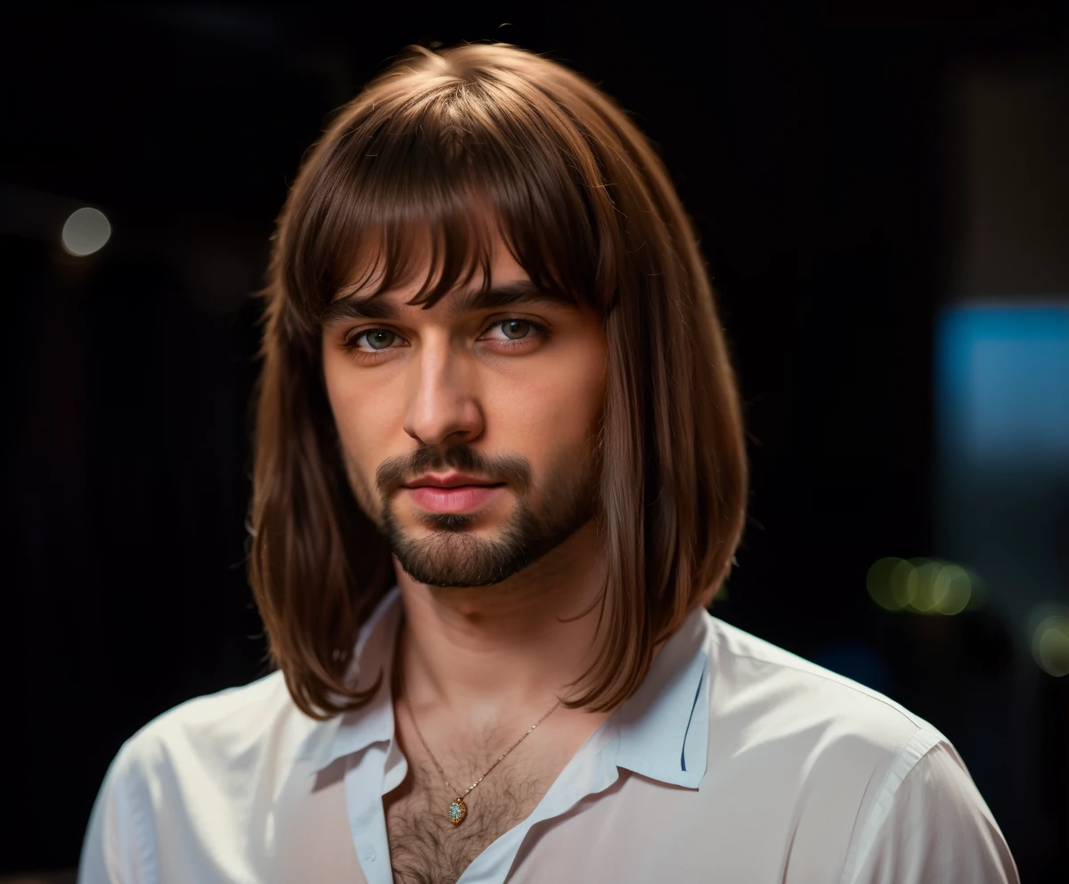 a beautiful man with a beard and a shirt on in a dark room,red lipstick, long eyelashes, blue eyeshadow, artem, alexey gurylev, mid long hair, anton fadeev 8 k, hipster hair fringe, danila tkachenko, only a few bangs of hair, aleksander rostov, vitaly bulgarov, daniil kudriavtsev