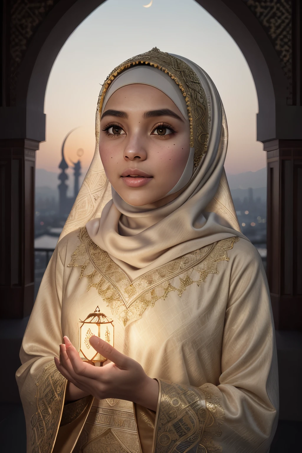 (s2, Canva style, illuminated Ramadan scene, cute hijab Muslim woman, praying hands raised to the sky, glowing illuminated lantern, intricate Ramadan crescent, beige background, sophisticated texture, ultra-detailed, cinematic lighting, warm tones, intimate and peaceful, RAW image, masterpiece, best quality, ultra high resolution)
The enchanting scene showcases a cute Muslim woman, clad in a hijab, as she raises her hands to the sky in the heartfelt act of prayer. The backdrop is adorned with an intricately detailed illuminated lantern and the crescent moon of Ram